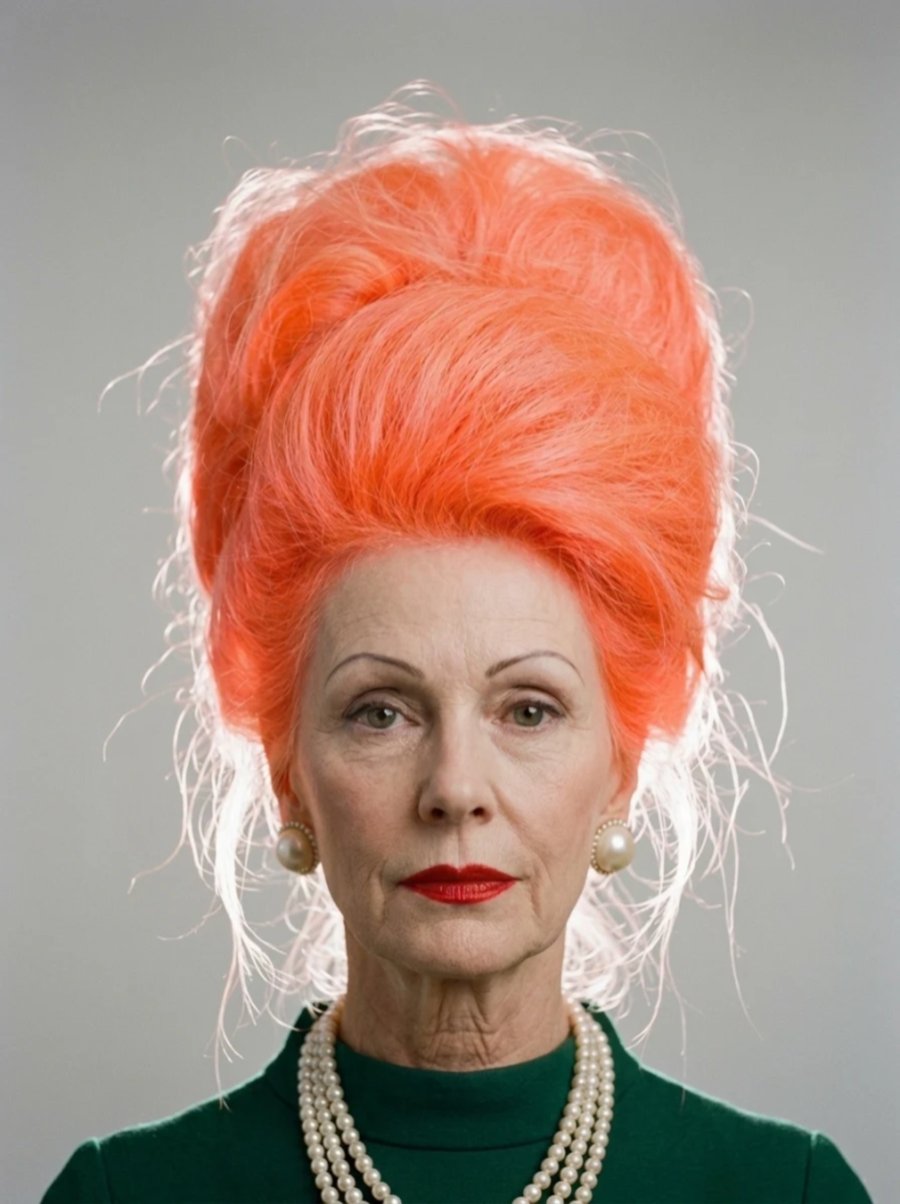 Close-up of Madame Glitch with orange hair and pearls