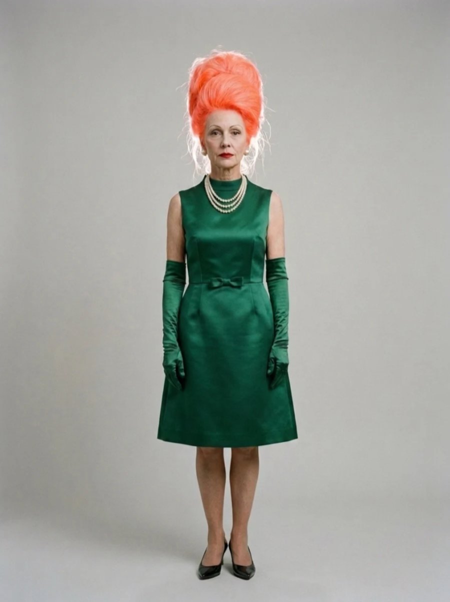 Full-length portrait of Madame Glitch in a green satin dress, gloves and black pumps