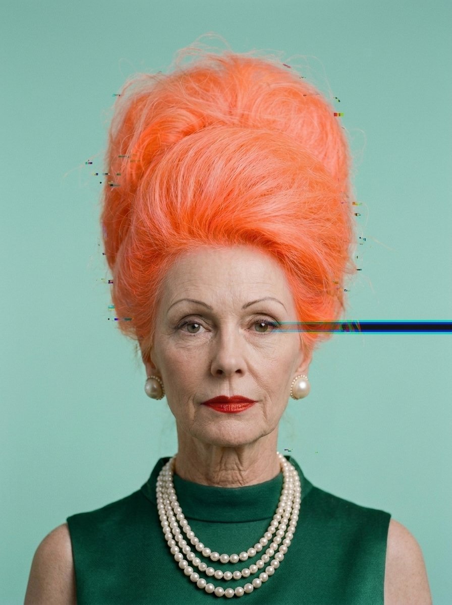 Madame Glitch: an elegant older woman with a tall orange updo, red lips and triple-strand pearls, with a digital glitch cutting across her face