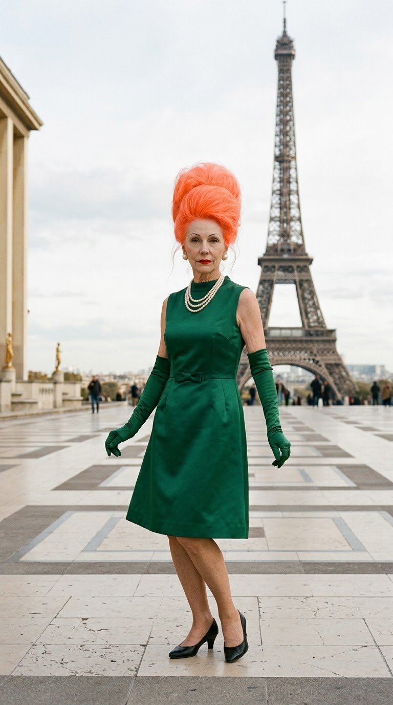Madame Glitch in her green satin dress in front of the Eiffel Tower