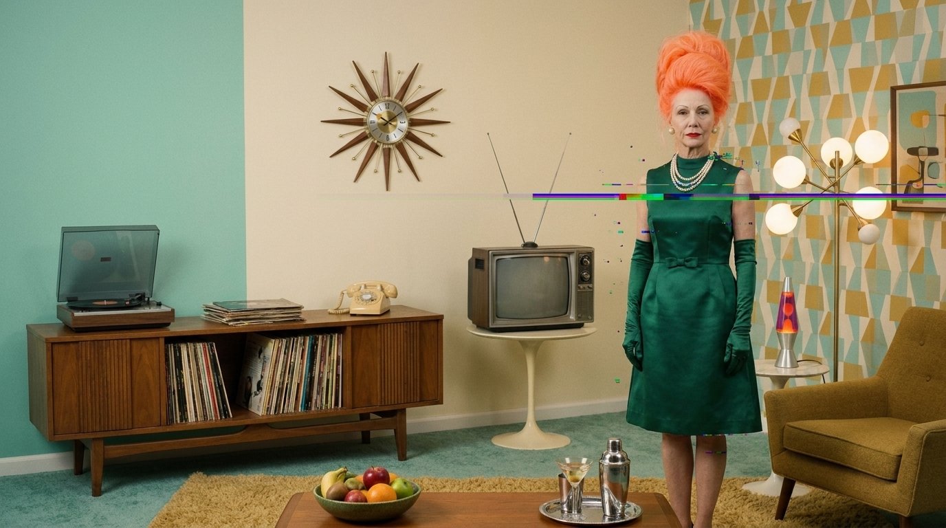 Madame Glitch standing in a 1960s retro living room with a glitch line across the frame